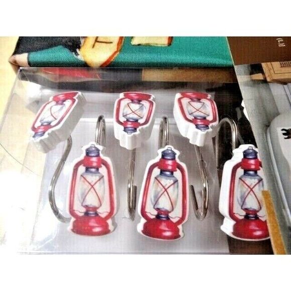 Great Outdoors Shower Curtain Red Lantern Hooks Cabin Lodge 13pc Bath Fabric NEW - Picture 5 of 7